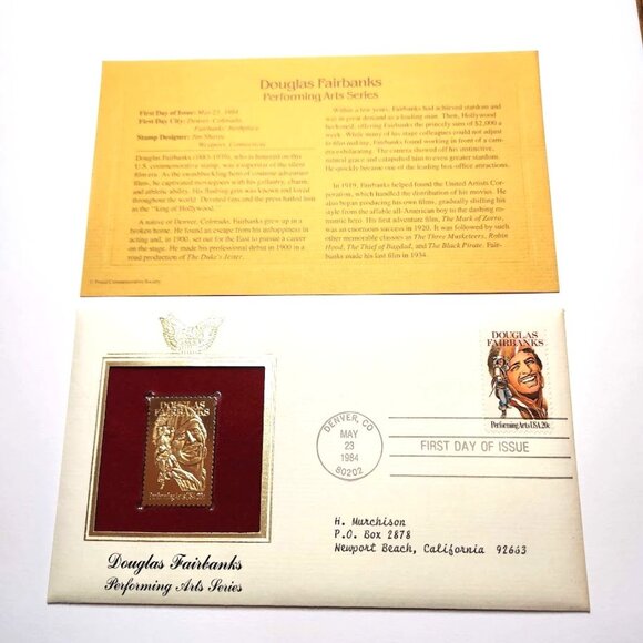 Douglas Fairbanks Actor Performing Arts 1984 1st Day USPS 22KT GOLD STAMP Stamp - Picture 8 of 12